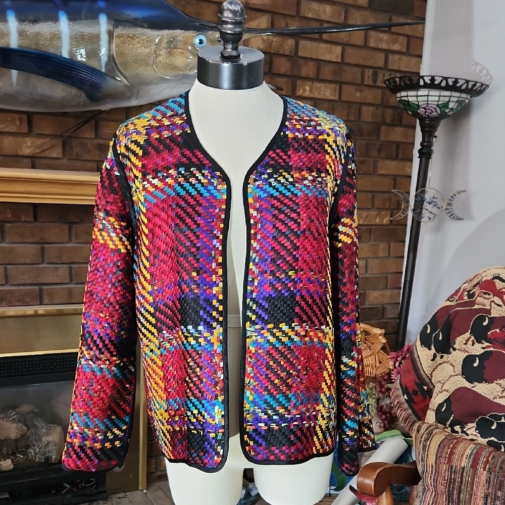 Chico's Design 100% Silk Colorful Woven Open Front Jacket Cardigan Size 1 US Med